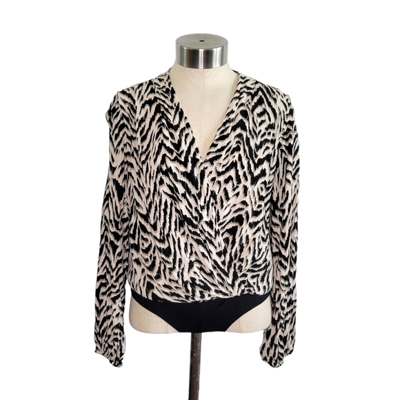 MNG Mango Zebra Animal Print Long Sleeve Surplice Front Bodysuit Women's Size 2 - Picture 2 of 10